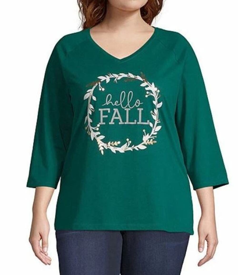 City Streets 2X Green Hello Fall Novelty Graphic V Neck Top NWT
